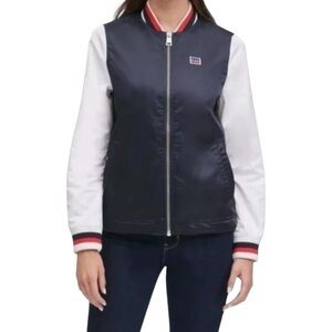 $100 Navy Levi’s Retro Varsity Bomber Jacket Medium Colorblock Stripe Trim NWT
